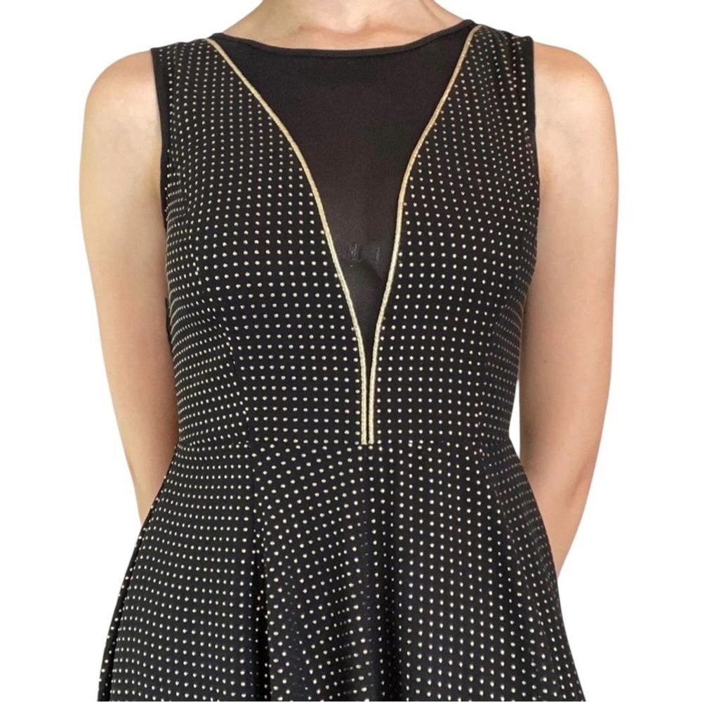 Express Fit and Flare Dress Black Gold Studded Mesh Inset Womens 2 - Picture 2 of 9
